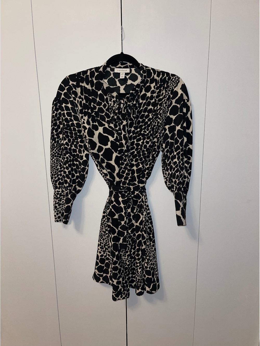 Topshop Animal Print Tie Neck Mini Dress Long Sleeve Belted Women’s US 4